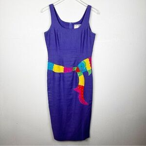 Deborah Laws Purple Linen Midi Beaded Sequin Dress Size 6 90s vintage